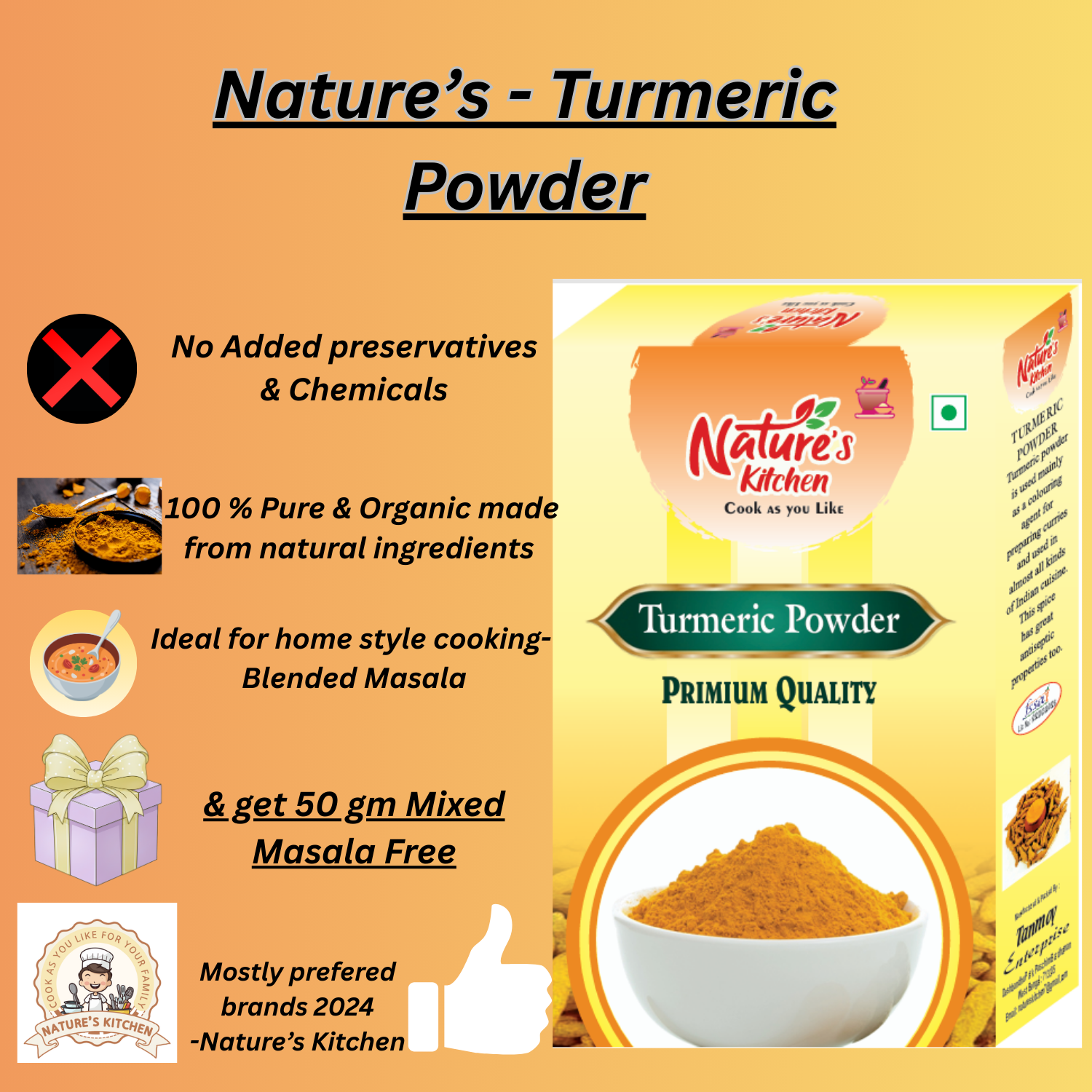 Nature's Kitchen Pure Turmeric Powder– High Curcumin Lakadong Variety Style | Naturally Sourced & Sun-Dried Haldi | No Added Colors or Fillers | Lab Tested for Purity & Golden Yellow Color - Image 9